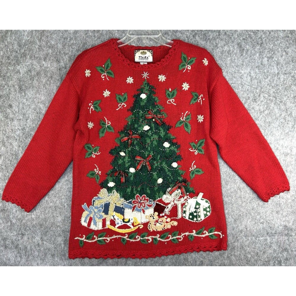 VTG Tiara International Sweater Embroidered Christmas Holiday Tree Gifts Size S